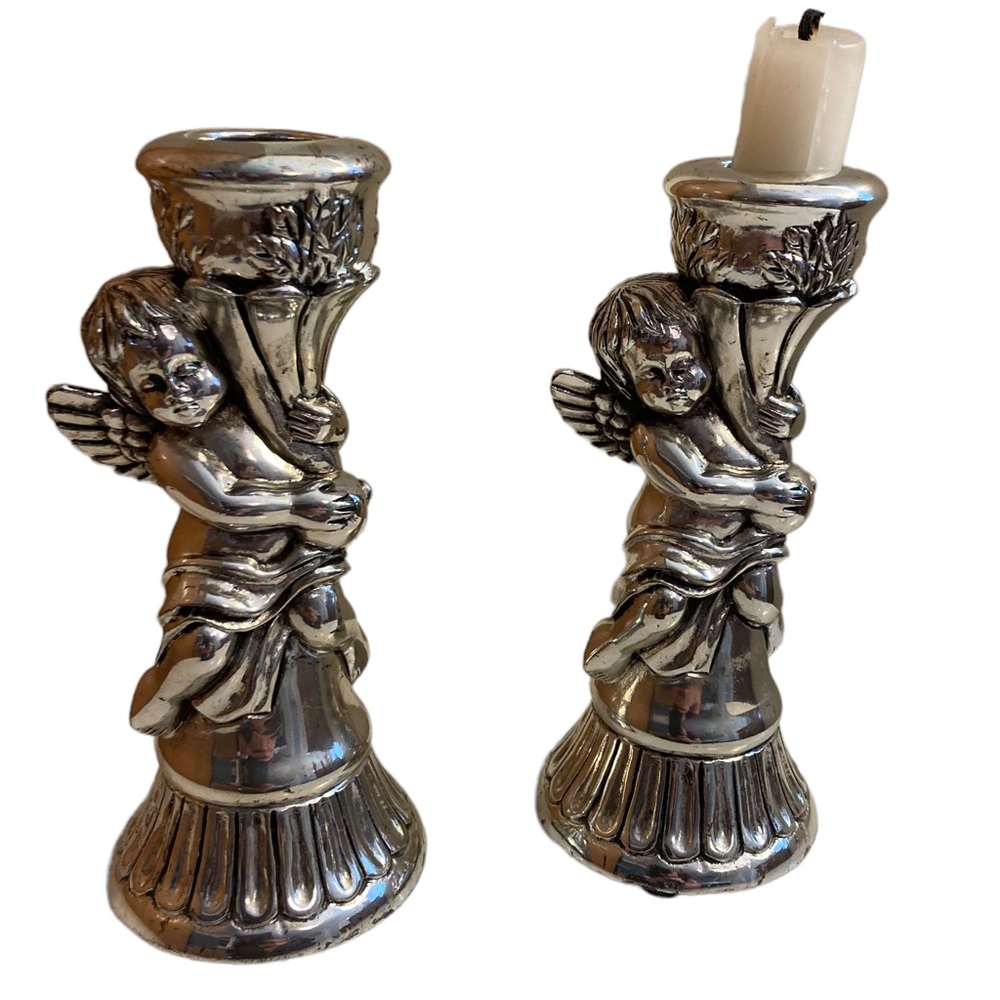 925 Silver plated 2 Tekform Angel Candlesticks pair